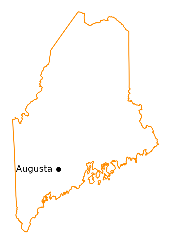 The state of Maine, filled white with an orange boundary, and a black dot marking Augusta